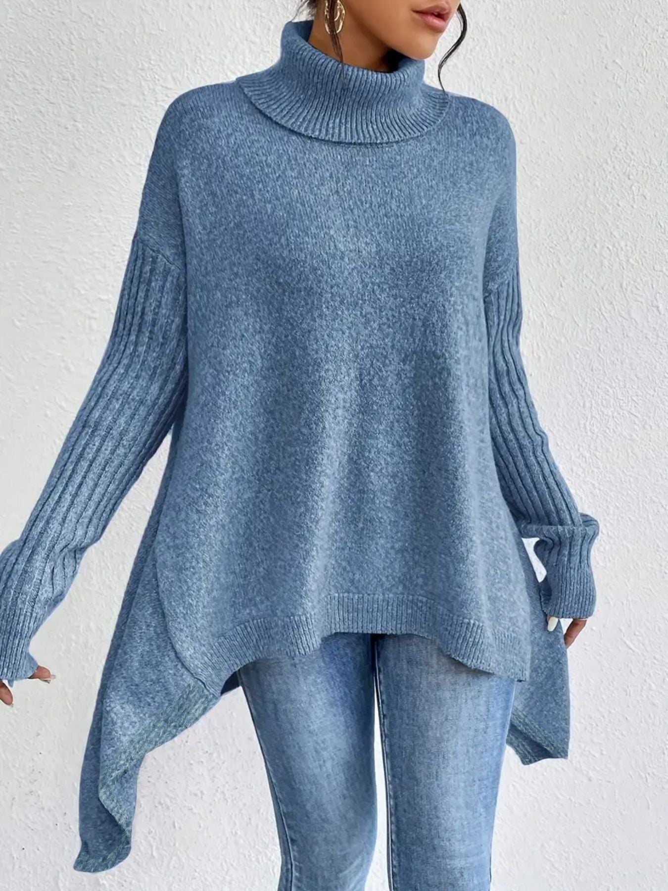 R&B | Rollkragenpullover Übergröße Passform Wollstrick Asymmetrischer Saum Gerippte Ärmel