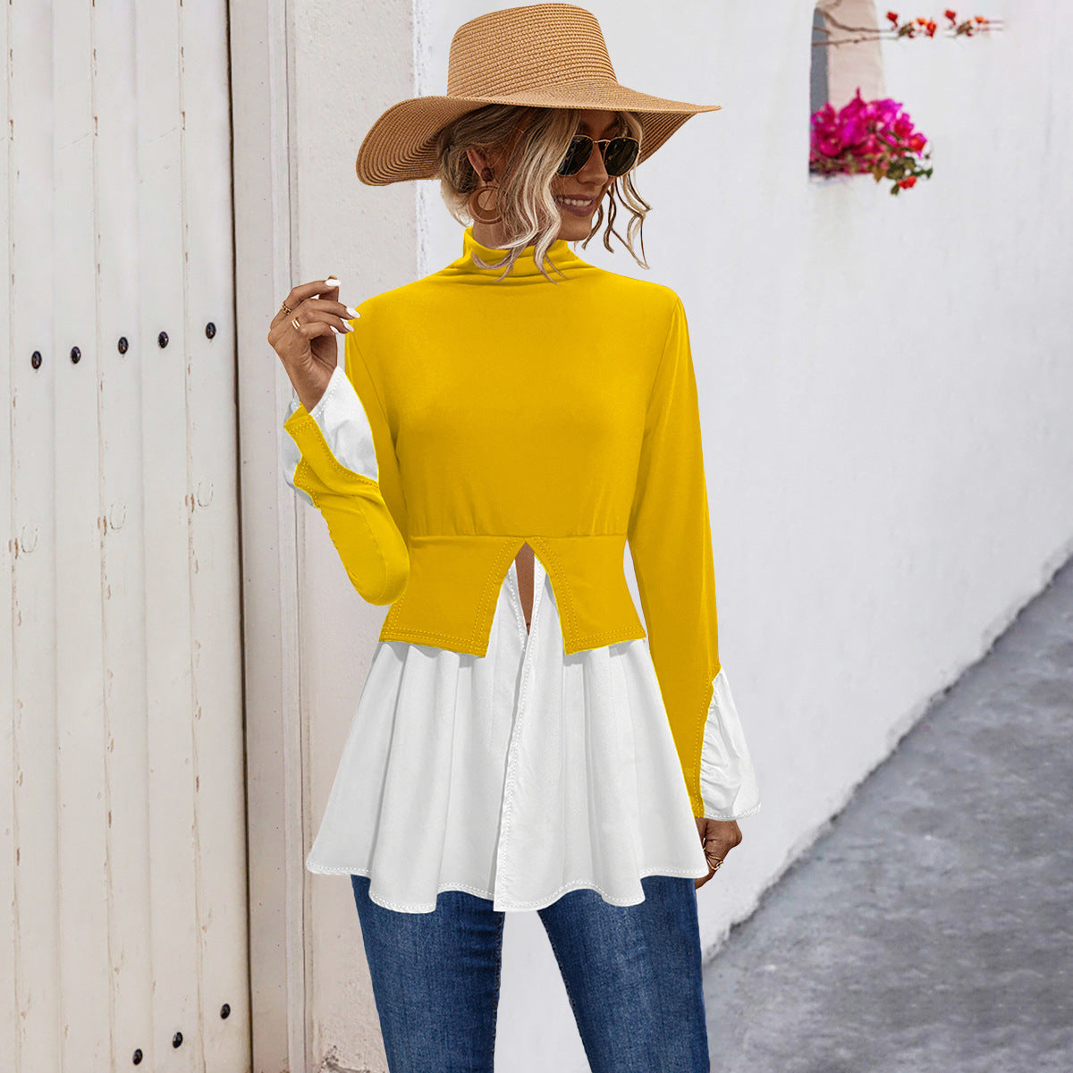 Damen Modisches Hemdblusenshirt mit hohem Kragen und asymmetrischem Schnitt R&B