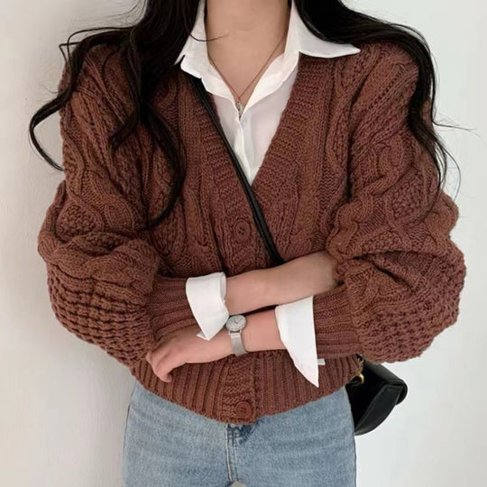 Damen Grobstrickcardigan mit voluminösen Ärmeln und strukturierter Oberfläche R&B