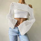 Damen gehäkeltes Langarm-Top mit Off-Shoulder-Design R&B