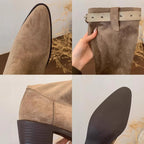 Damen Rustikale Wildleder-Stiefel mit modischem Falten-Design und verstellbarem Riemen R&B
