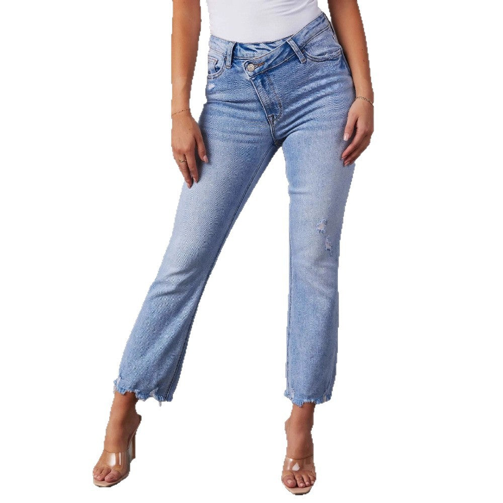 Damen Flared Jeans mit fransigen Säumen und modischem Distressed-Effekt R&B