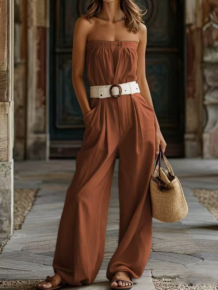 Damen Lässiger Jumpsuit mit Gürtel und weitem Bein R&B
