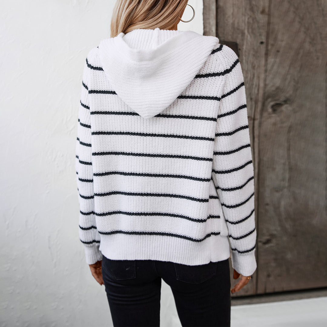 Damen gestreifte Strickjacke mit Kapuze und Taschen R&B