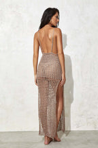 Damen gehäkeltes Strandkleid mit tiefem V-Ausschnitt und seitlichen Schlitzen R&B