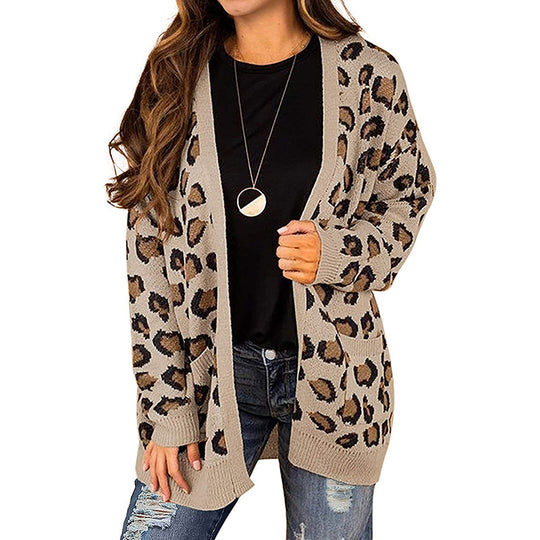Damen modische Strickjacke mit Leopardenmuster und praktischen Taschen R&B