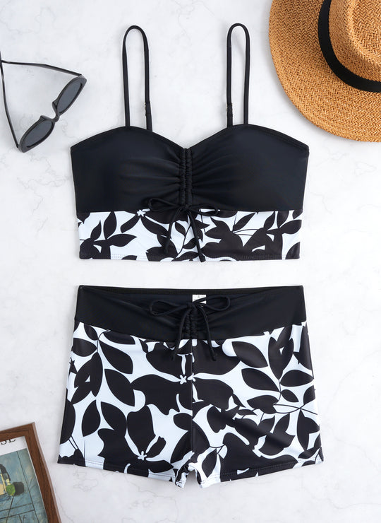 Damen Bikini-Set mit modischer Raffung und hoch taillierter Shorts R&B