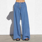 Damen nan weite Highwaist-Jeanshose mit elastischem Bund und dekorativer Knopfleiste R&B