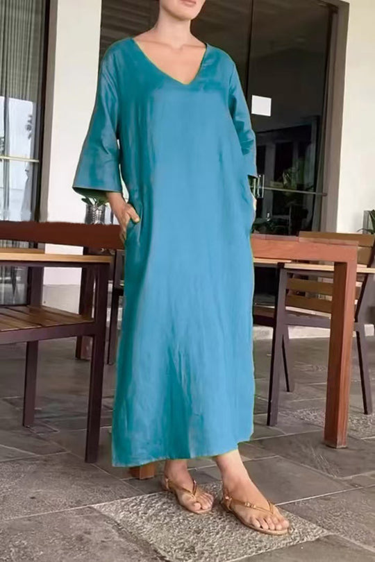 Damen luftiges Maxikleid aus atmungsaktiver Baumwolle mit V-Ausschnitt und praktischen Taschen R&B