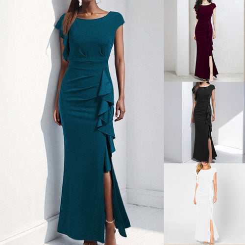 Damen elegantes Maxikleid mit Rüschendetails und seitlichem Schlitz R&B