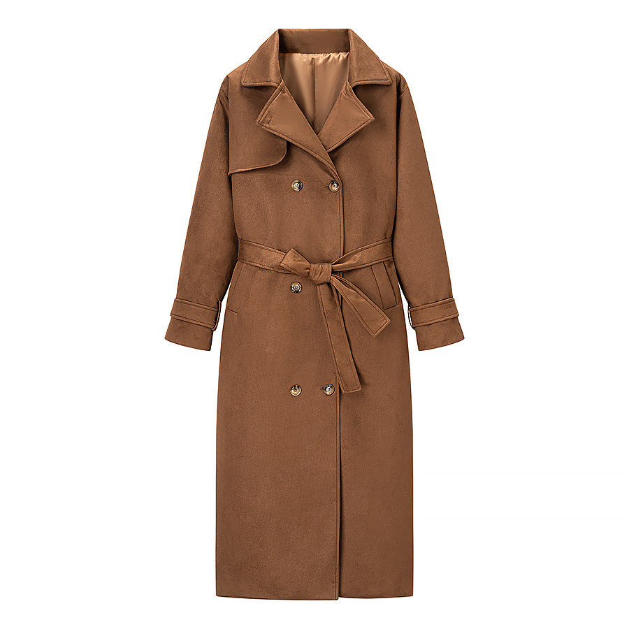 Damen eleganter Kunstledertrenchcoat mit taillierbarem Gürtel und praktischen Taschen R&B