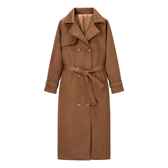 Damen eleganter Kunstledertrenchcoat mit taillierbarem Gürtel und praktischen Taschen R&B