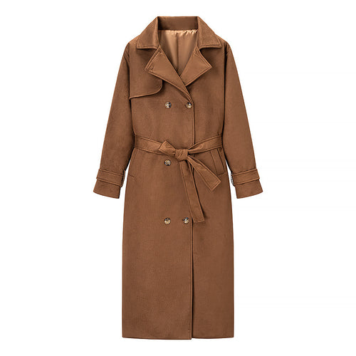 Damen eleganter Kunstledertrenchcoat mit taillierbarem Gürtel und praktischen Taschen R&B