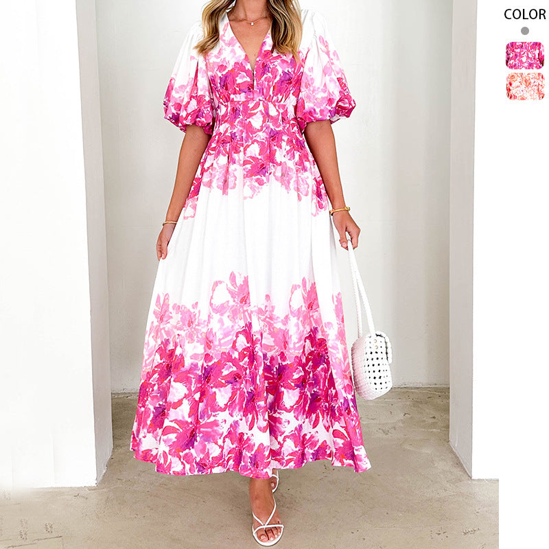 Damen Maxikleid mit ausgefallenen Puffärmeln und tiefem V-Ausschnitt R&B