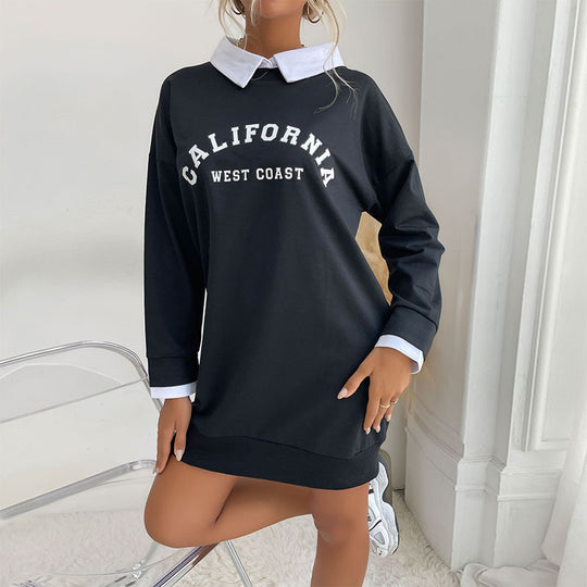 Damen Sweatkleid mit Hemdkragen und sportlichem Schriftzug R&B