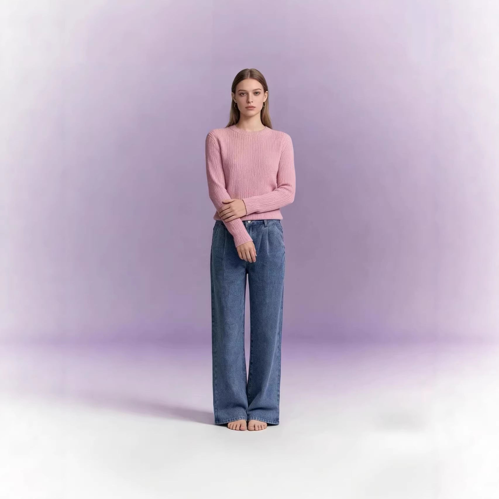 Damen Weite Jeans mit hohem Bund und Falten