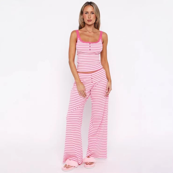 Damen Pyjama-Set mit dekorativen Knopfdetails und Streifenmuster R&B