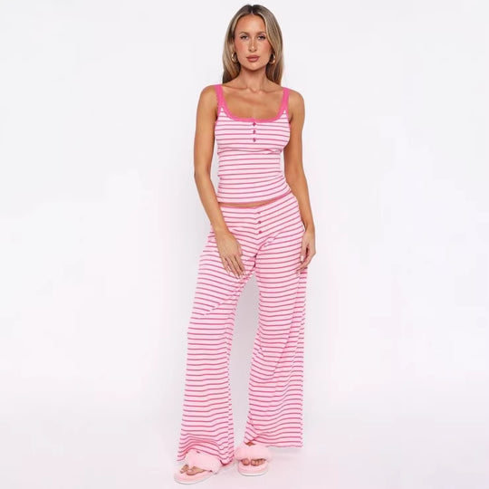 Damen Pyjama-Set mit dekorativen Knopfdetails und Streifenmuster R&B