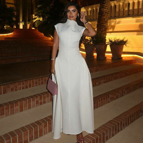 Damen Maxi-Abendkleid mit elegantem Stehkragen und schwingendem Rock R&B