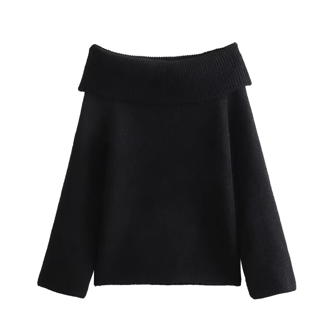 Damen eleganter, hochgeschlossener Strickpullover mit weitem Kragen R&B