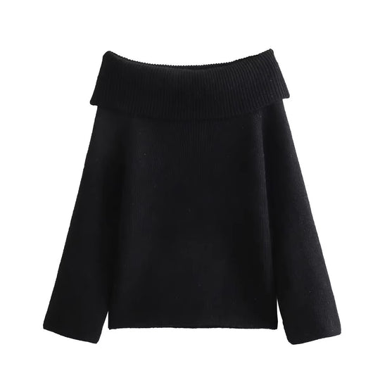 Damen eleganter, hochgeschlossener Strickpullover mit weitem Kragen R&B