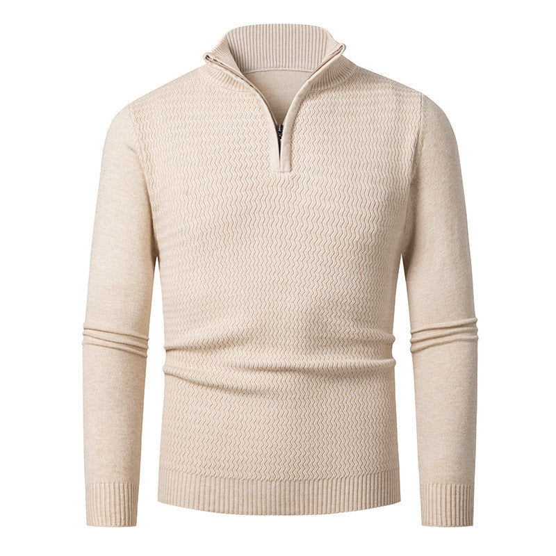 Herren nan Feinstrick-Halbzip-Pullover mit strukturierter Wellenoptik und Stehkragen R&B