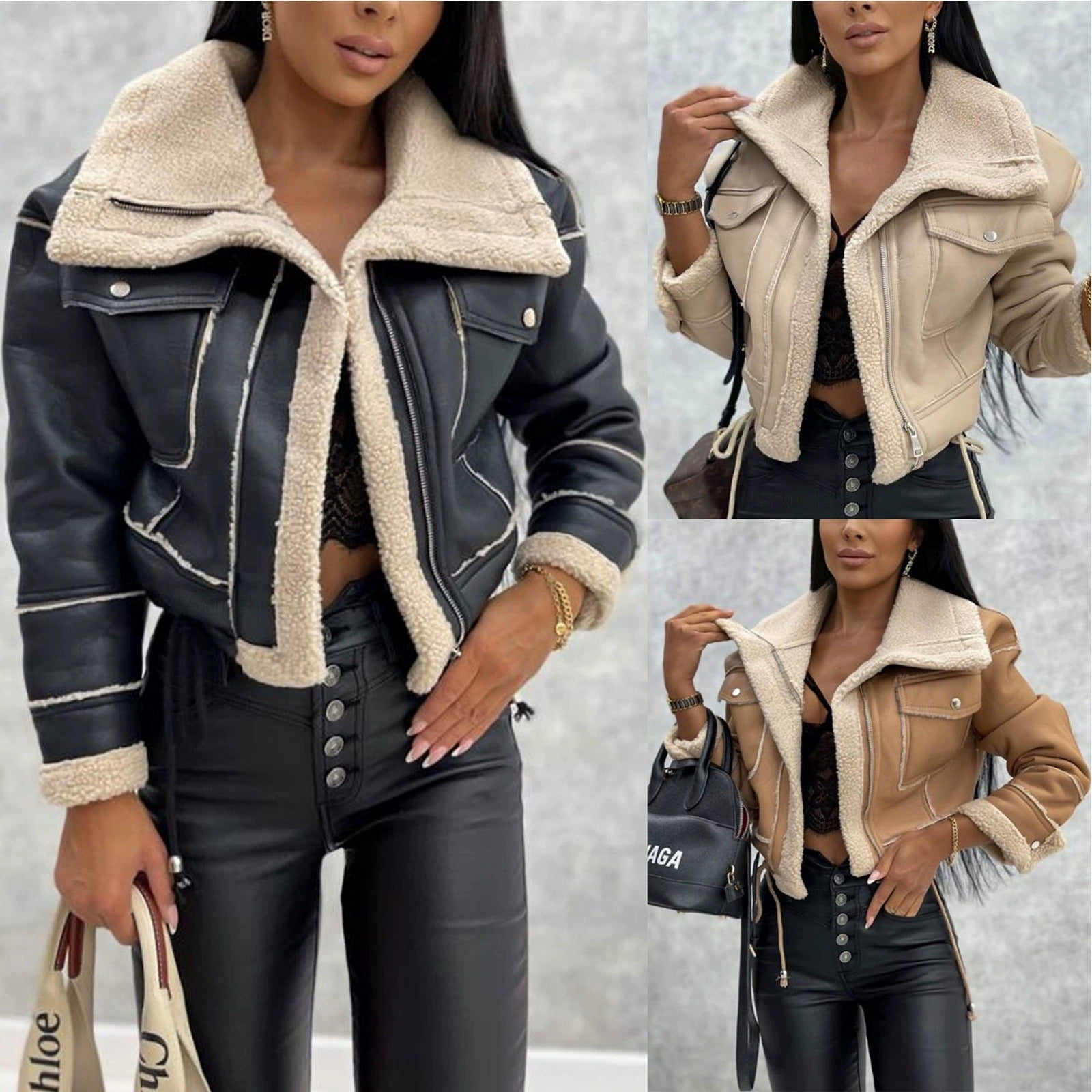 Damen cropped Bikerjacke mit Lammfell R&B