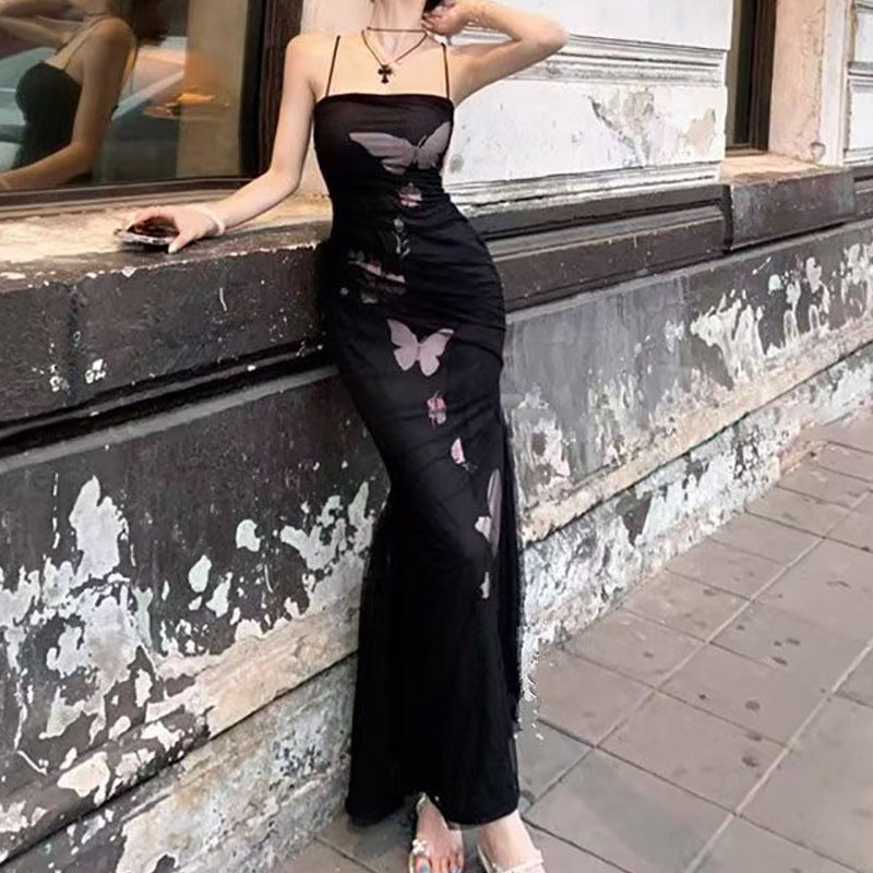 Damen elegantes Wickelkleid mit floralem Schmetterlingsdruck und verstellbaren Spaghetti-Trägern R&B