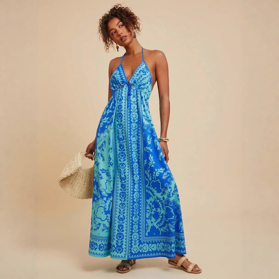 Damen Maxikleid mit tiefem V-Ausschnitt und floralen Musterdetails R&B