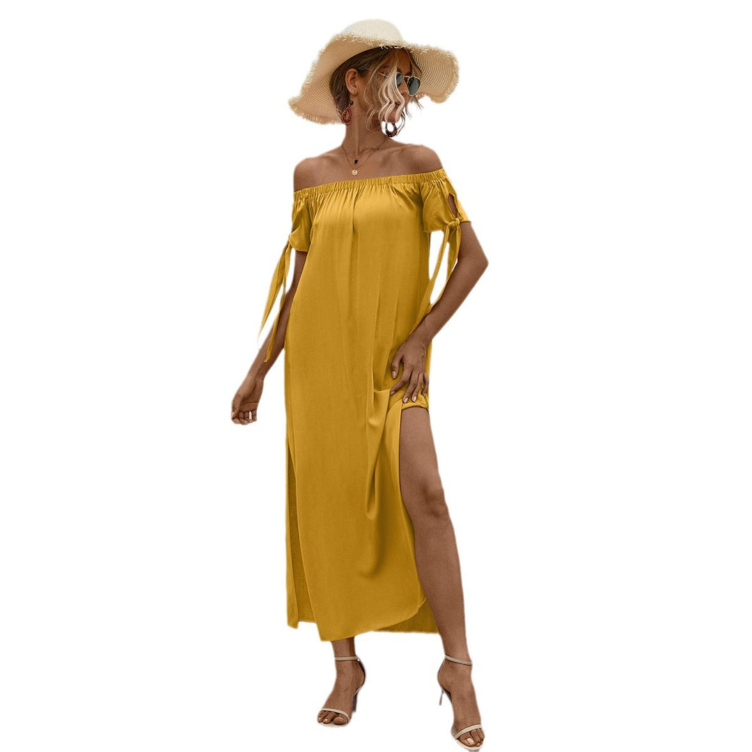 Damen elegantes Off-Shoulder Maxikleid mit seidigem Glanz und seitlichem Schlitz R&B