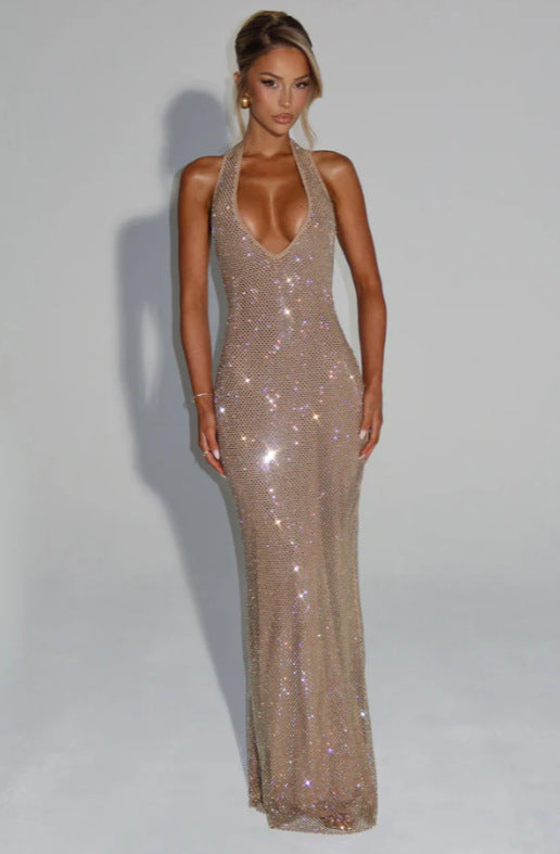Damen Glitzerndes Abendkleid mit tiefem V-Ausschnitt und elegantem Rückenausschnitt
