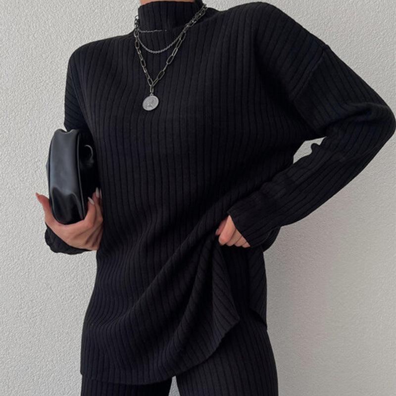 Damen Langarm Strickpullover mit Stehkragen und Rippenstruktur R&B
