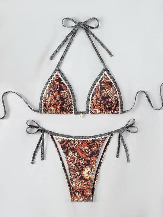 Damen Triangel-Bikini mit floralem Muster und verstellbaren Bindebändern R&B