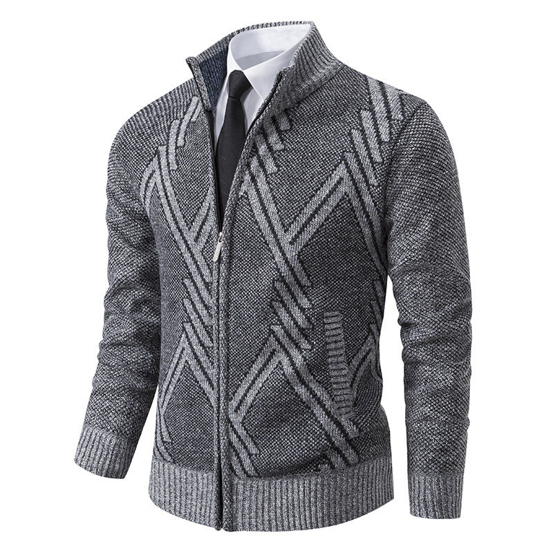 Herren elegante Strickjacke mit strukturiertem Zopfmuster und hochschließendem Kragen R&B