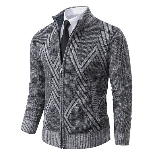 Herren elegante Strickjacke mit strukturiertem Zopfmuster und hochschließendem Kragen R&B