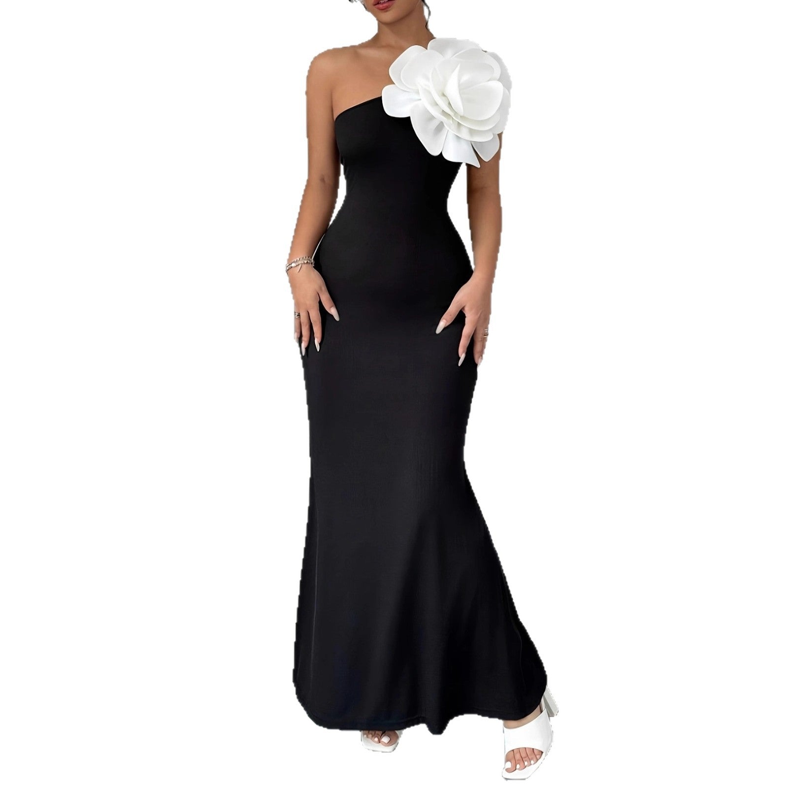Damen figurbetontes Maxikleid mit asymmetrischem Design und dekorativer Blütenapplikation R&B