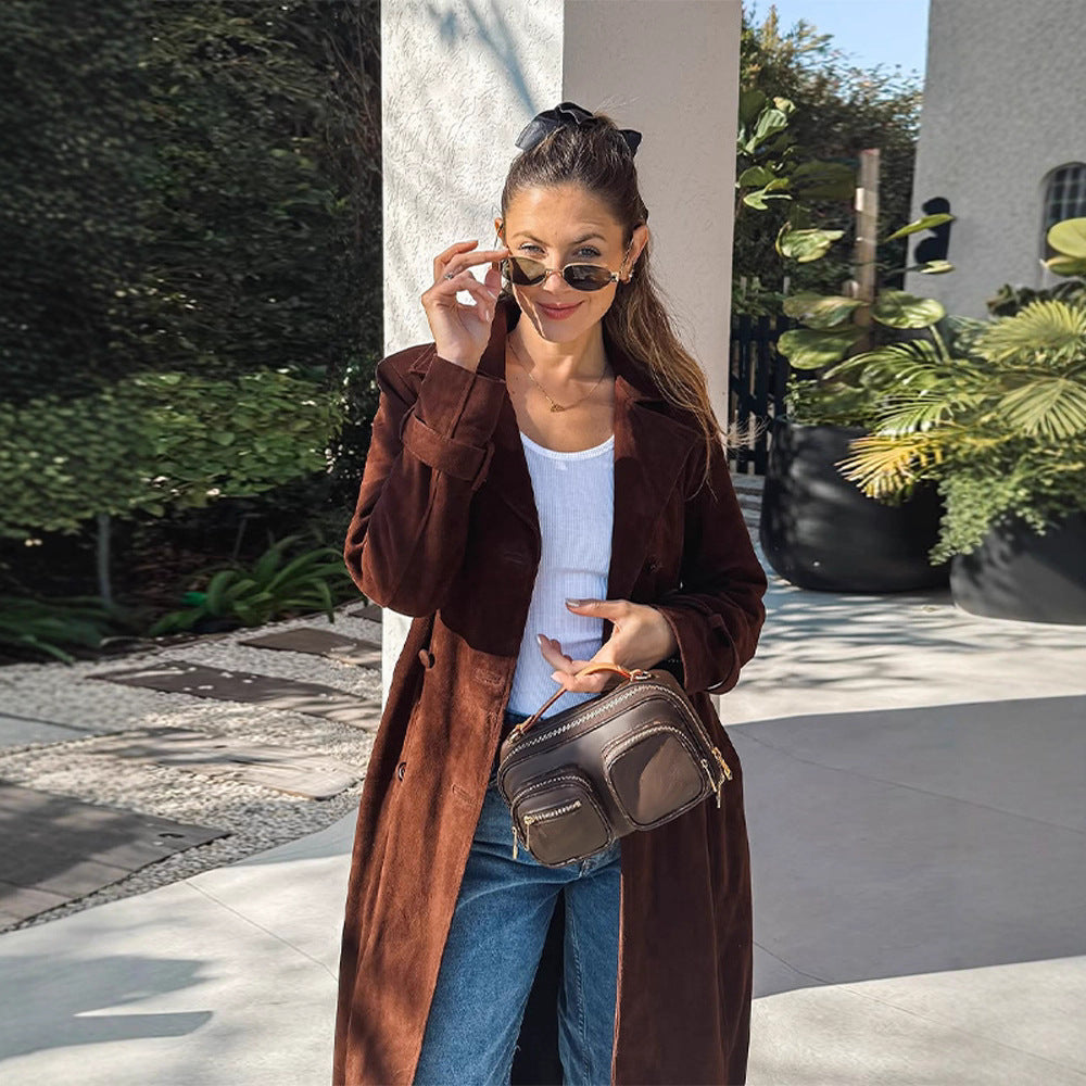 Damen Elegante Langzeit-Trenchcoat aus weichem Wildleder R&B