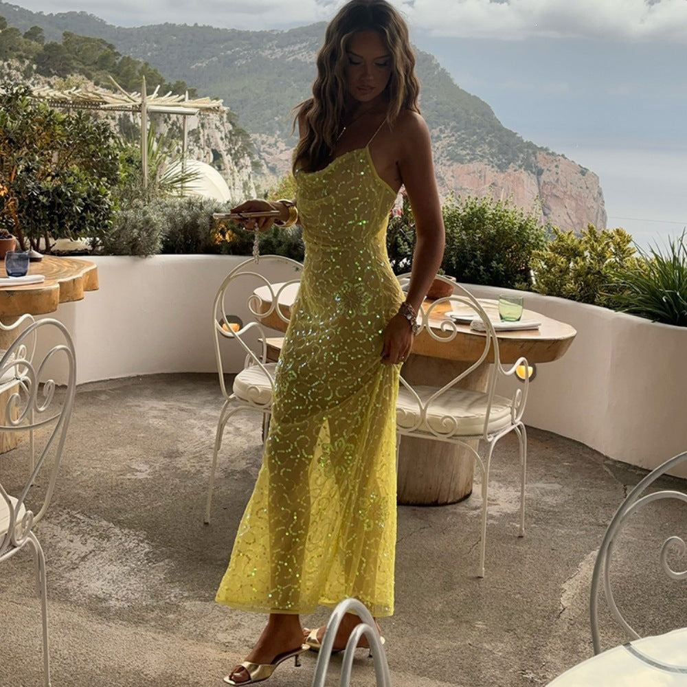Damen ärmelloses, glitzerndes Maxikleid R&B