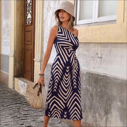 Damen elegantes asymmetrisches Kleid mit seitlichem Schlitz und Bindeband R&B