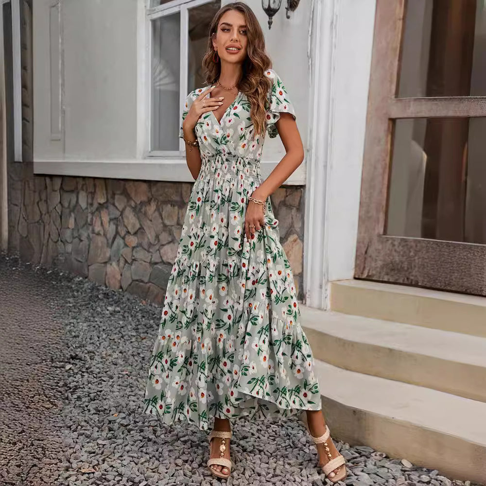 Damen luftiges Maxikleid mit V-Ausschnitt und elastischem Taillendesign R&B