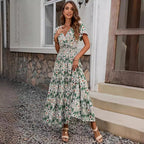Damen luftiges Maxikleid mit V-Ausschnitt und elastischem Taillendesign R&B