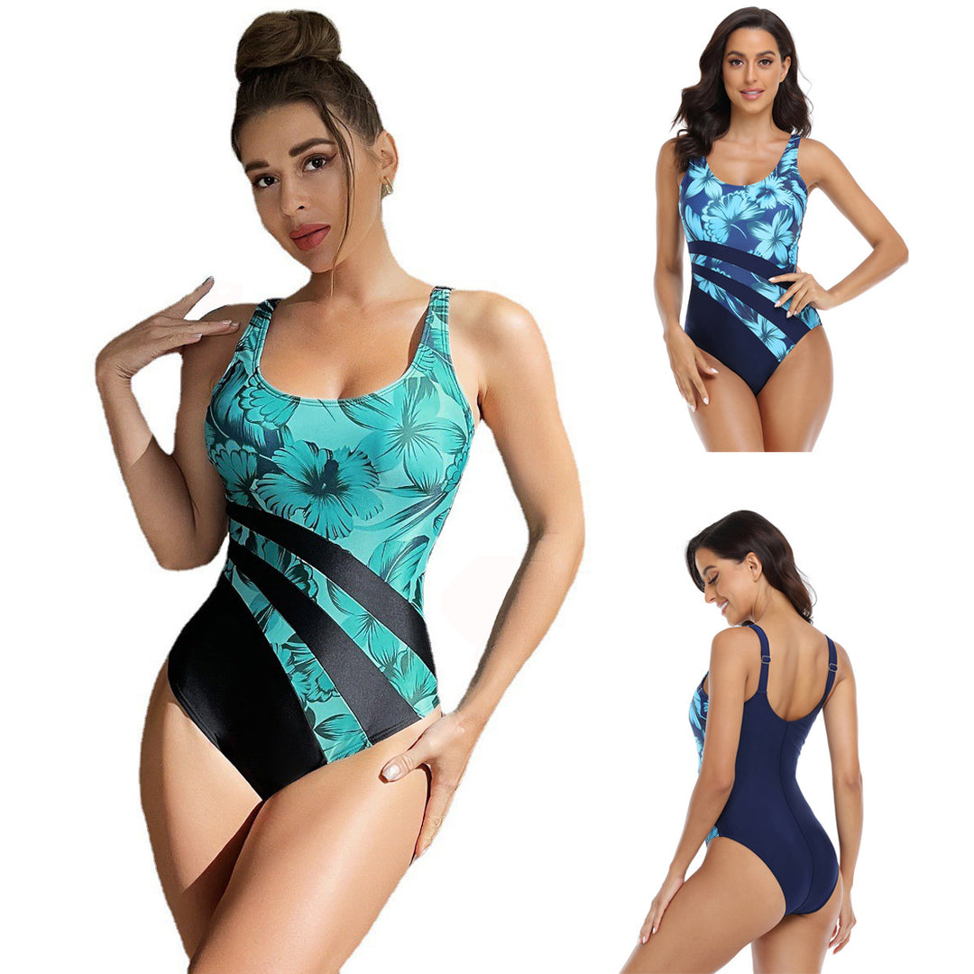 Damen Sportlicher Hochleistungs-Einteiler Badeanzug mit floralem Design R&B