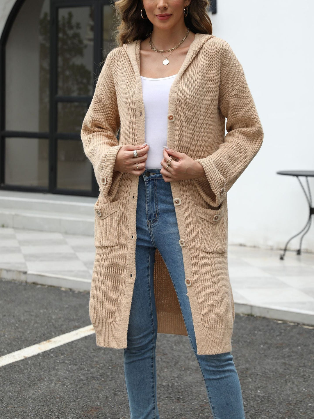 R&B | Lange Strickjacke Kapuze und Knopverschluss Lässiger Komfort