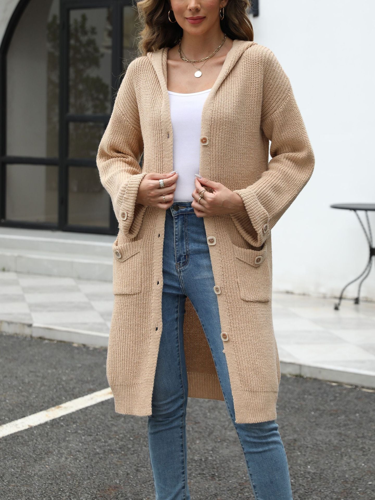 R&B | Lange Strickjacke Kapuze und Knopverschluss Lässiger Komfort