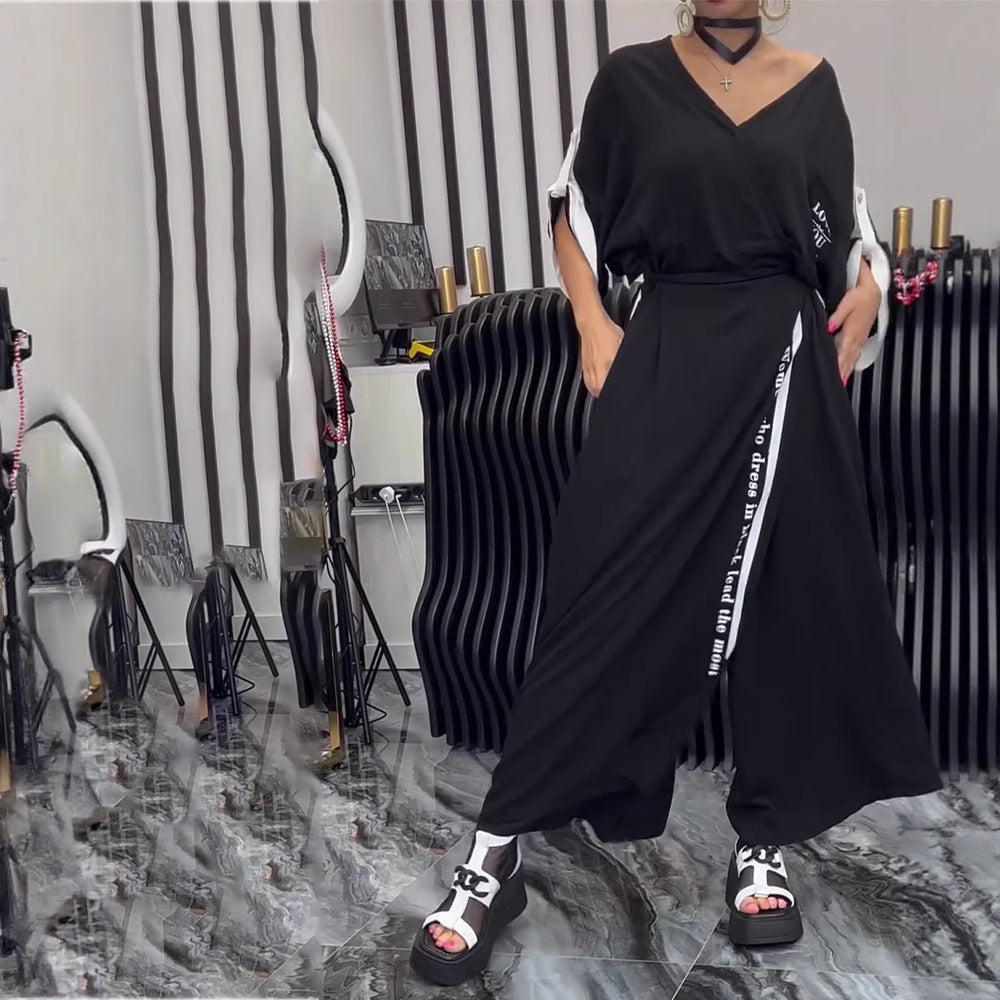 Damen nan sportlich-elegantes Maxikleid mit V-Ausschnitt, Taillengürtel, Kontrastseitenband und Brusttasche R&B