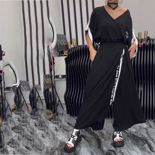 Damen nan sportlich-elegantes Maxikleid mit V-Ausschnitt, Taillengürtel, Kontrastseitenband und Brusttasche R&B
