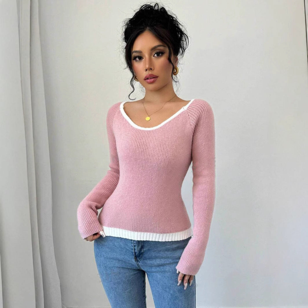 Damen modischer Pullover mit kontrastierendem Saum und tiefem V-Ausschnitt R&B