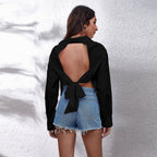 Damen Off-Shoulder Bluse mit geschlossenen Ärmeln und dekorativem Rückenausschnitt R&B