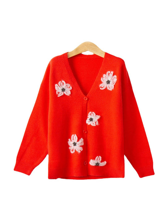 Damen Strickjacke mit floralem Motiv und eleganter Knopfleiste R&B