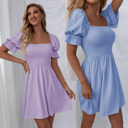 Damen kurzes Kleid mit Puffärmeln und gerafftem Oberteil R&B